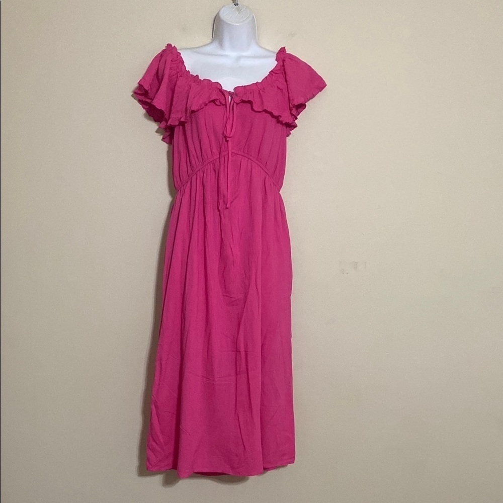 ANDREE UNIT Pink Dress women 8 midi off shoulder vacation casual feminine linen